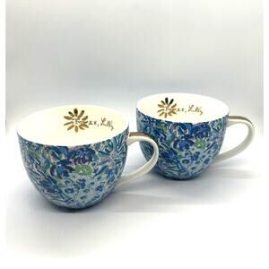Lilly Pulitzer Hidden Cat Floral Set of 2 Coffee Mug Tea Cups Blue Purple Gold